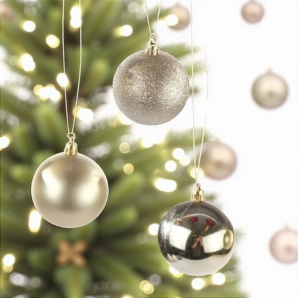 Bolas de Natal em Tubo - Champagne Fosco com Glitter - 8x8cm  - 6 unidades - Cromus - Rizzo