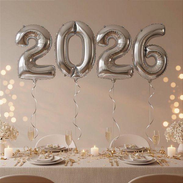 Balão de Festa Microfoil 16" 40cm - Kit "2026" Prata - 1 unidade - Rizzo