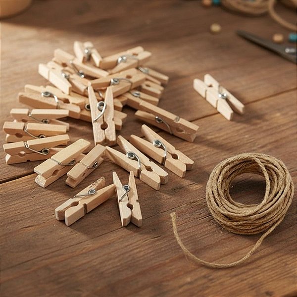 Mini Prendedor de Madeira Natural com Fio de Juta - 2,5cm  - 50 unidades - Rizzo