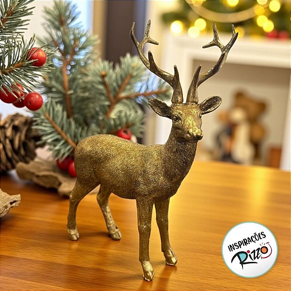 Enfeite de Natal Em Resina - Rena em Pé Ouro - 20x16cm - 1 unidade - Cromus - Rizzo