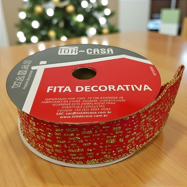 Fita Decorativa - Vermelha com Glitter Dourado - 3,8x914cm - 1 unidade - Rizzo