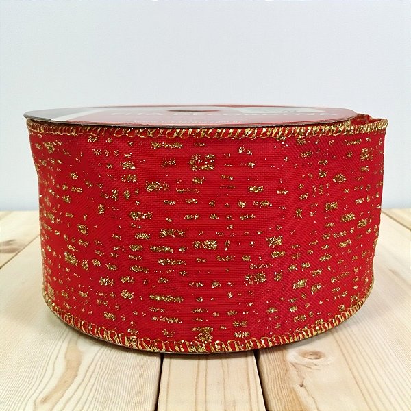 Fita Decorativa - Vermelha com Glitter Dourado - 6,3x914cm - 1 unidade - Rizzo