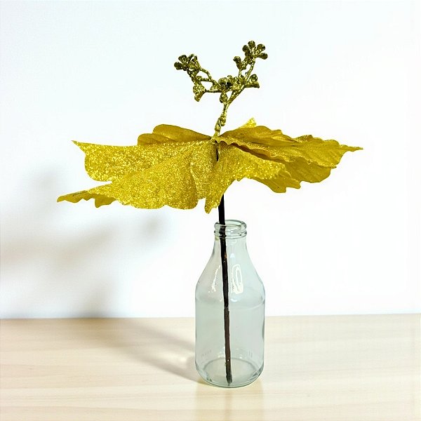 Poinsétia Decorativa - Veludo Dourado Com Glitter - 26cm - 1 unidade - Rizzo