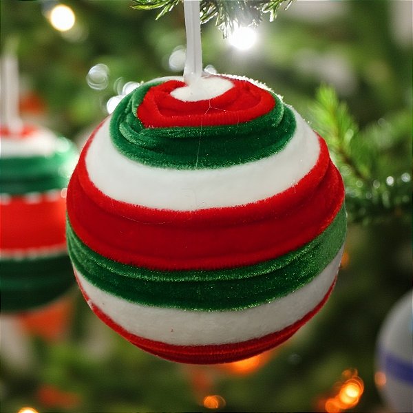 Bola de Natal - Branco com Espiral Vermelho e Verde - 10cm - 1 unidade - Rizzo