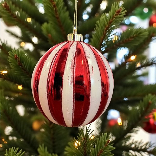 Bola de Natal - Vermelho com Listras Brancas - 15cm - 1 unidade - Rizzo
