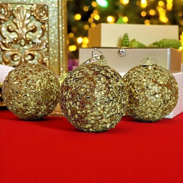 Bolas de Natal em Tubo - Ouro com Lantejoulas - 10cm - 3 unidades - Rizzo