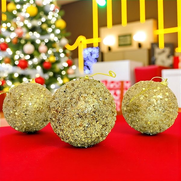 Bolas de Natal em Tubo - Ouro com Anéis - 10cm - 3 unidades - Rizzo