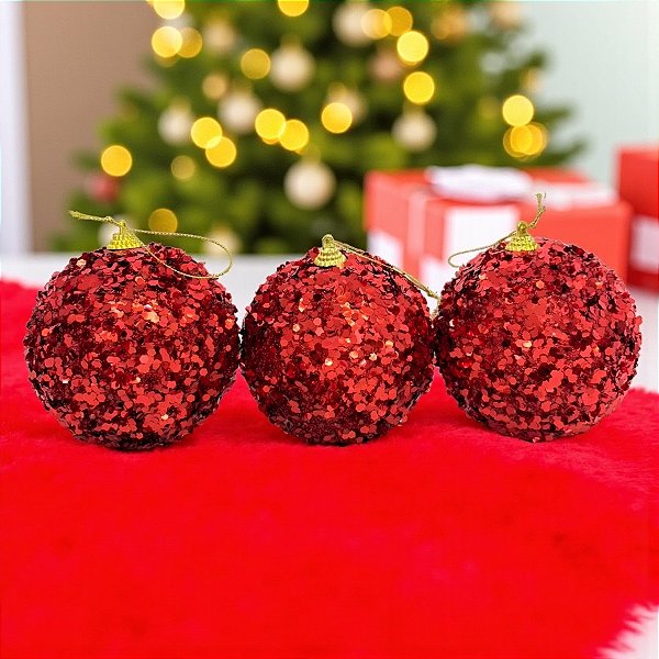 Bolas de Natal em Tubo - Vermelho com Glitter e Lantejoulas - 10cm - 3 unidades - Rizzo