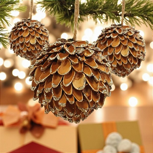 Enfeite de Pendurar de Natal - Pinha com Glitter - 8cm - 1 unidade - Rizzo