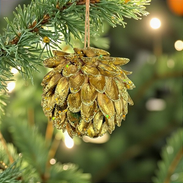 Enfeite de Pendurar de Natal - Pinha Dourada com Glitter - 8cm - 1 unidade - Rizzo