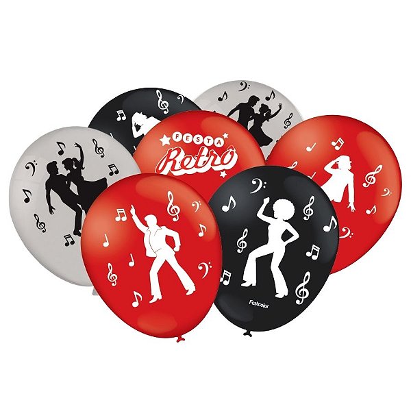 Balão de Festa Decorado 9" 23cm - Festa Retrô - 25 unidades - FestColor - Rizzo