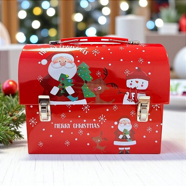 Lata de Metal de Natal - Caixa Maleta Cofre Vermelho - 13x17x8cm - 1 unidade - Rizzo
