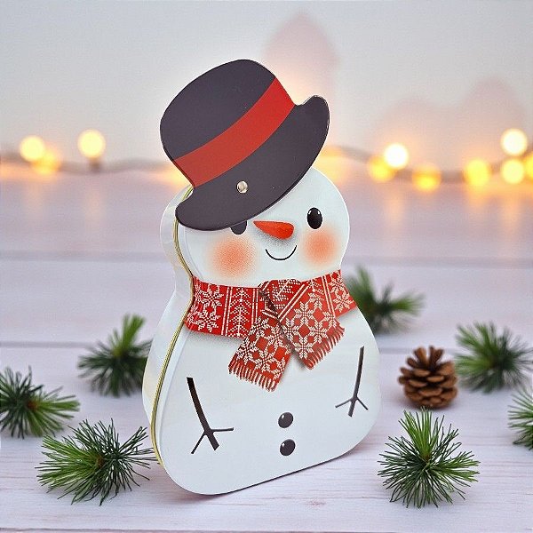 Lata de Metal de Natal - Boneco de Neve com Chapéu Articulado - 18x11x6cm   - 1 unidade - Rizzo