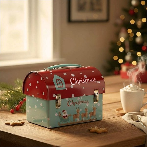 Lata de Metal de Natal - Caixa Maleta Cofre Verde Água - 13x17x8cm - 1 unidade - Rizzo