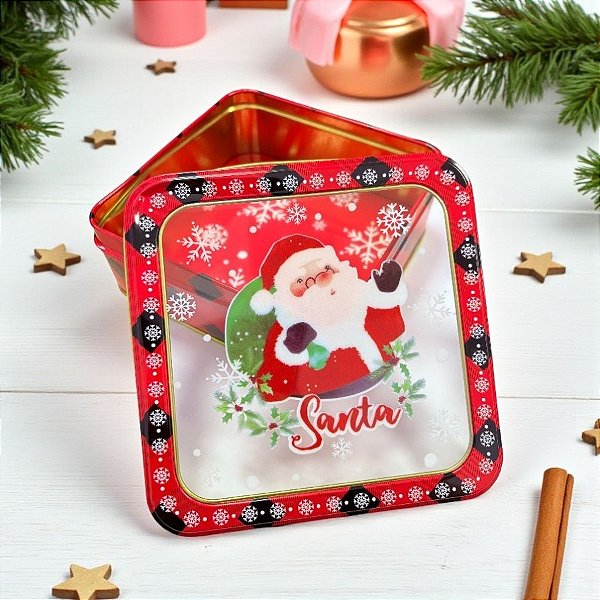 Lata De Metal De Natal Com Visor - Santa - 15x15x5cm - 1 unidade - Rizzo