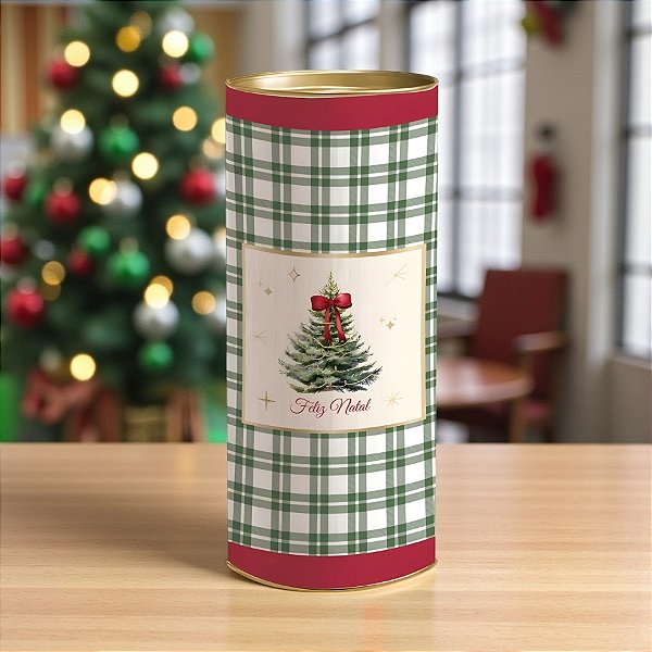 Lata para Presente Rígida - Pinheiro Xadrez Verde - G 10x27x10cm - 1 unidade - Cromus - Rizzo