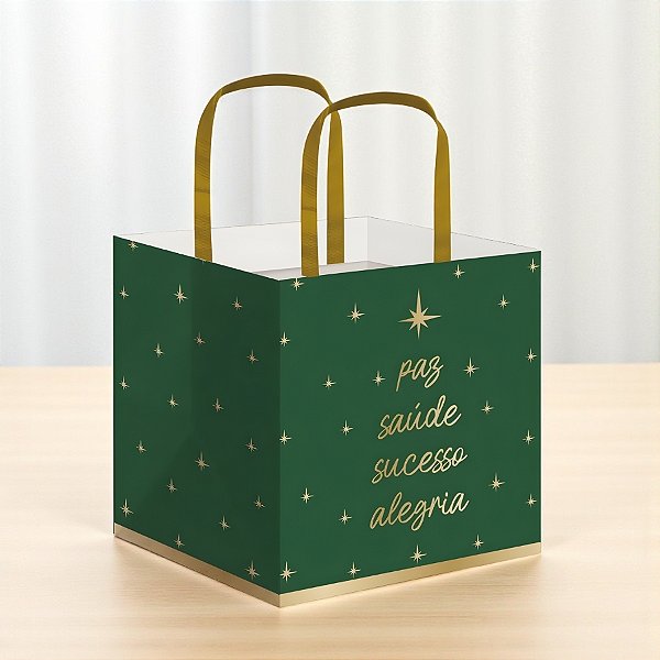 Sacola Para Panetone - Desejos Verde e Ouro - 28,5x32x17cm - 1 unidade - Cromus - Rizzo