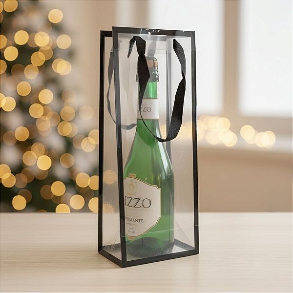 Sacola Transparente PVC Com Borda e Alça de Cordão Preto - 34x13x9cm - 1 unidade - Rizzo