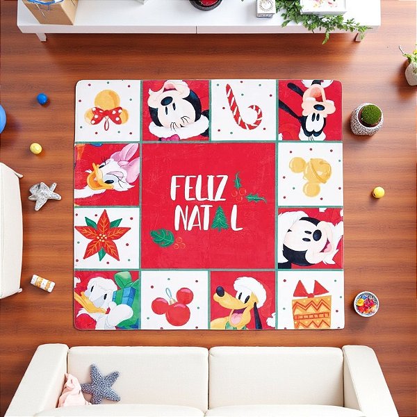 Tapete Turma do Mickey de Natal - Quadrado - 150x150cm - 1 unidade - Disney Original - Rizzo