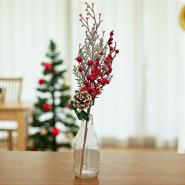 Galho Decorativo de Natal - Frutas e Pinha com Neve - 42x14x5cm - 1 unidade - Cromus - Rizzo