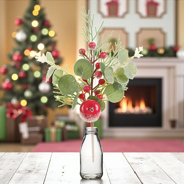 Galho Decorativo de Natal - Folhas com Fruta Grande - 29x15,5x7cm - 1 unidade - Cromus - Rizzo