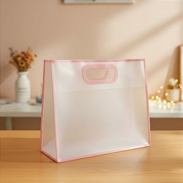 Sacola Transparente Fosca Pvc Alça Plana Rosa Bebê - 22x26x10cm - 12 unidades - Rizzo