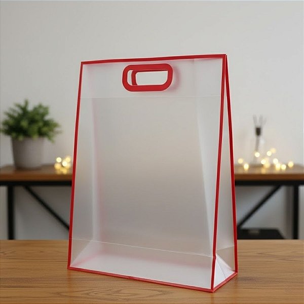 Sacola Transparente Fosca Pvc Alça Plana Vermelho - 40x30x12cm - 12 unidades - Rizzo