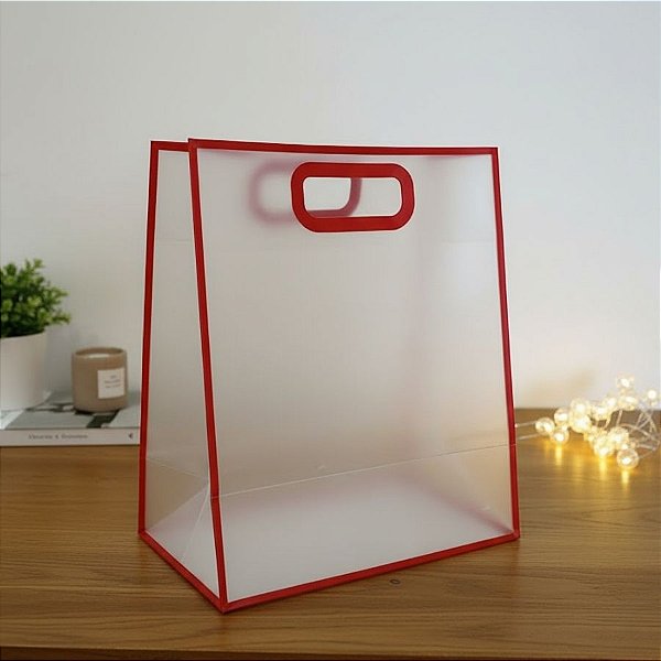 Sacola Transparente Fosca Pvc Alça Plana Vermelho - 30x25x15cm - 12 unidades - Rizzo