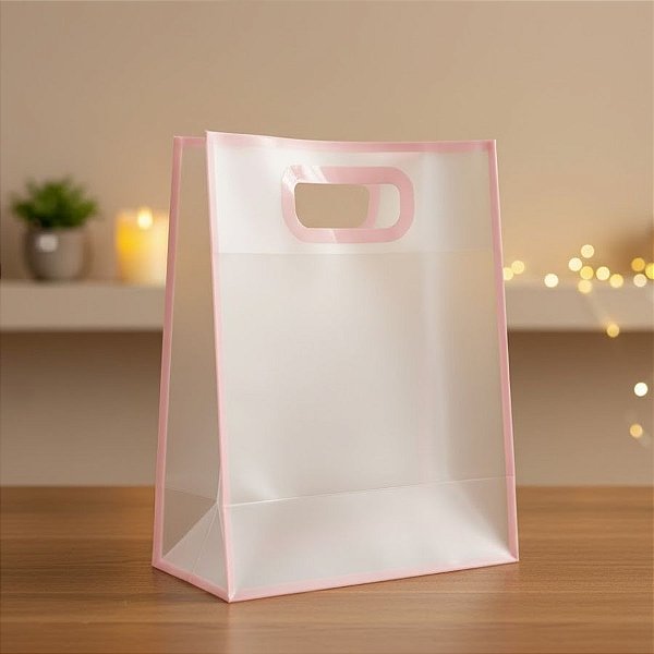 Sacola Transparente Fosca Pvc Alça Plana Rosa Bebê - 27x21x11cm - 12 unidades - Rizzo
