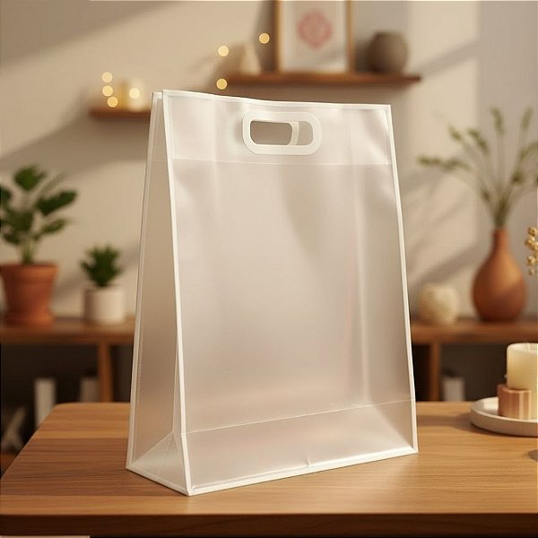 Sacola Transparente Fosca Pvc Alça Plana Branco - 40x30x12cm - 12 unidades - Rizzo