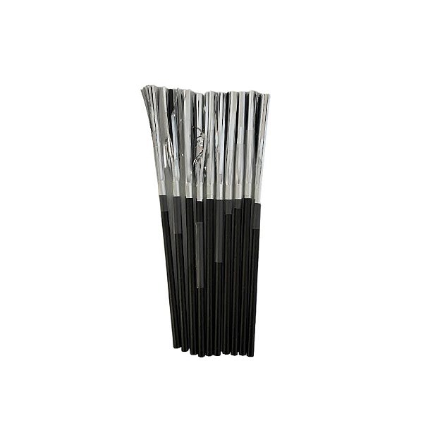Canudo De Papel Preto Com Franja - Prata - 20cm - 10 unidades - Artlille  - Rizzo