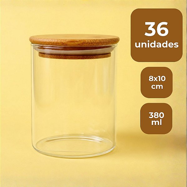 Pote de Vidro Hermético com Tampa de Bambu - 8x10cm - 380ml - 36 unidades - Rizzo