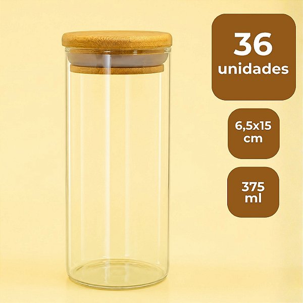 Pote de Vidro Hermético com Tampa de Bambu - 6,5x15cm - 375ml - 36 unidades - Rizzo
