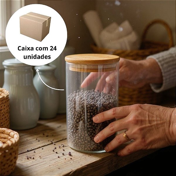 Pote de Vidro Hermético com Tampa de Bambu - 9x18cm - 900ml  - 24 unidades - Rizzo