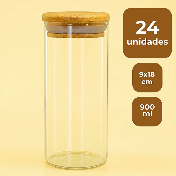 Pote de Vidro Hermético com Tampa de Bambu - 9x18cm - 900ml - 24 unidades - Rizzo