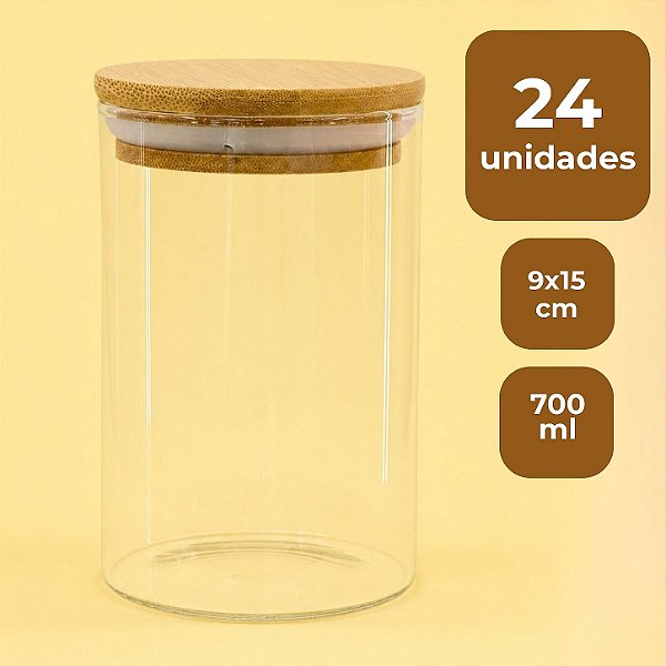 Pote de Vidro Hermético com Tampa de Bambu - 9x15cm - 700ml - 24 unidades - Rizzo