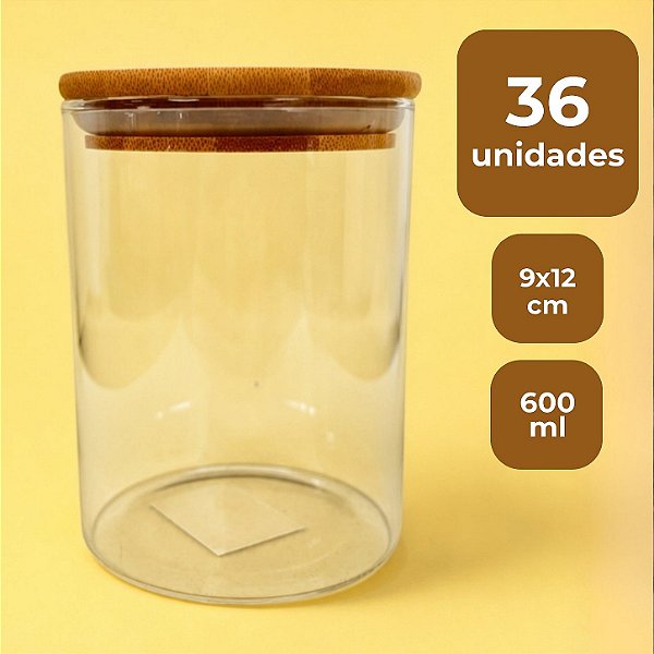 Pote de Vidro Hermético com Tampa de Bambu - 9x12cm - 600ml - 36 unidades - Rizzo