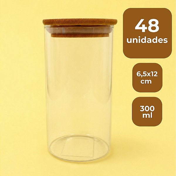 Pote de Vidro Hermético com Tampa de Bambu - 6,5x12cm - 300ml - 48 unidades - Rizzo