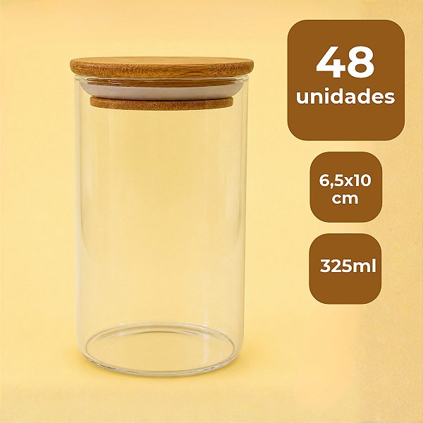 Pote de Vidro Hermético com Tampa de Bambu - 6,5x10cm - 325ml - 48 unidades - Rizzo