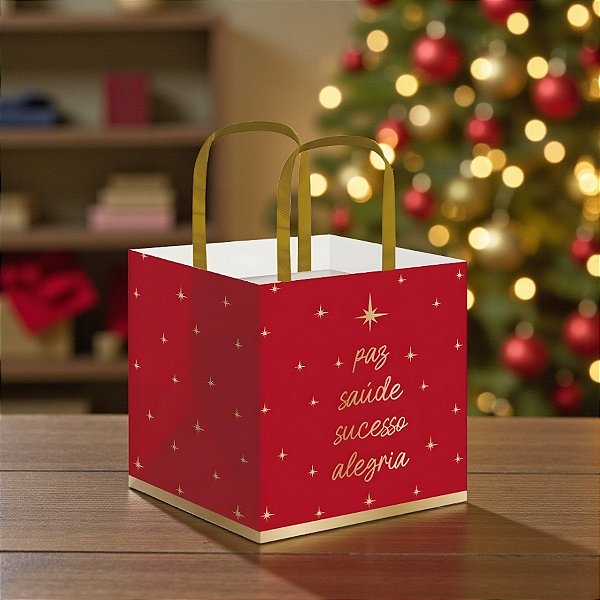 Sacola Para Panetone - Desejos Vermelho e Ouro - 33x28x17cm - 1 unidade - Cromus - Rizzo