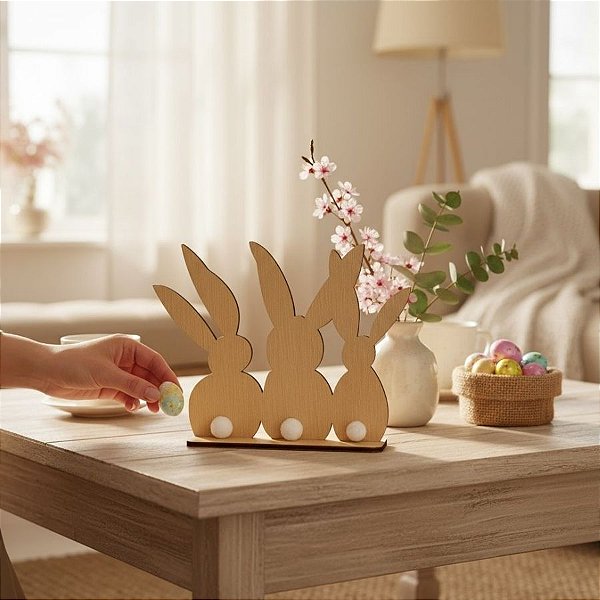 Display de Mesa em MDF - Coelhos com Pompom - 18x18,5cm - 1 unidade - Rizzo