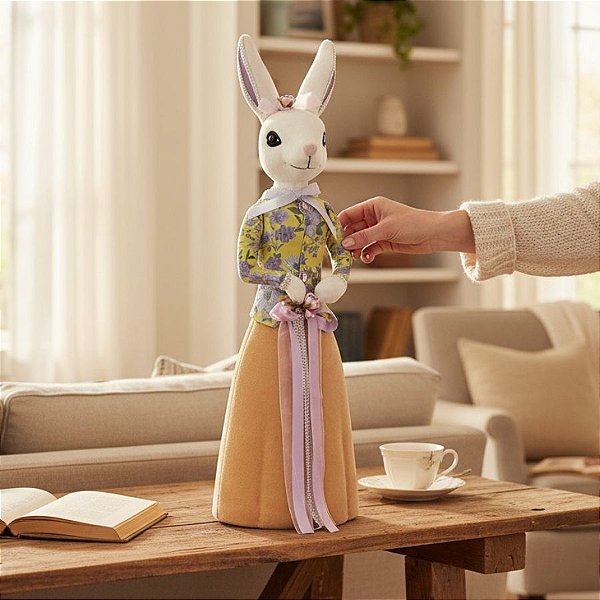 Coelho de Páscoa com Roupa Bordada Amarela e Roxa - Linha Realeza Premium - 75cm   - 1 unidade - Rizzo
