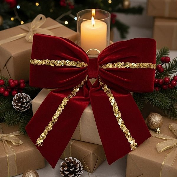 Laço de Veludo Vermelho e Galão Dourado G - 31x39x7cm   - 1 unidade - Rizzo