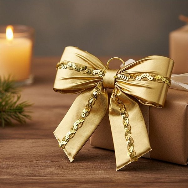 Laço Lamê Dourado Brilhante e Galão P - 22x20,5x4cm - 1 unidade - Rizzo
