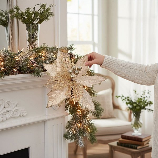 Poinsétia Decorativa - Champagne e Glitter - 15cm - 1 unidade - Cromus - Rizzo