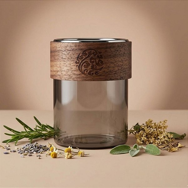 Pote de Vidro para Vela Cinza Cromado com detalhe em Madeira - 6,5x8,5cm - 220ml - 200 unidades - Rizzo Import