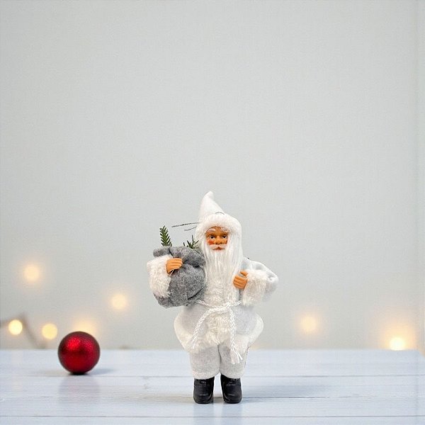 Papai Noel Decorativo em Pé com Saco e Presente Embrulhado - Branco - 20cm - 1 unidade - Rizzo