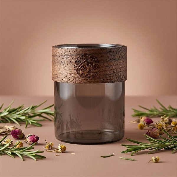 Pote de Vidro para Vela Cinza Cromado com detalhe em Madeira - 6,5x6cm - 175ml - 200 unidades - Rizzo Import