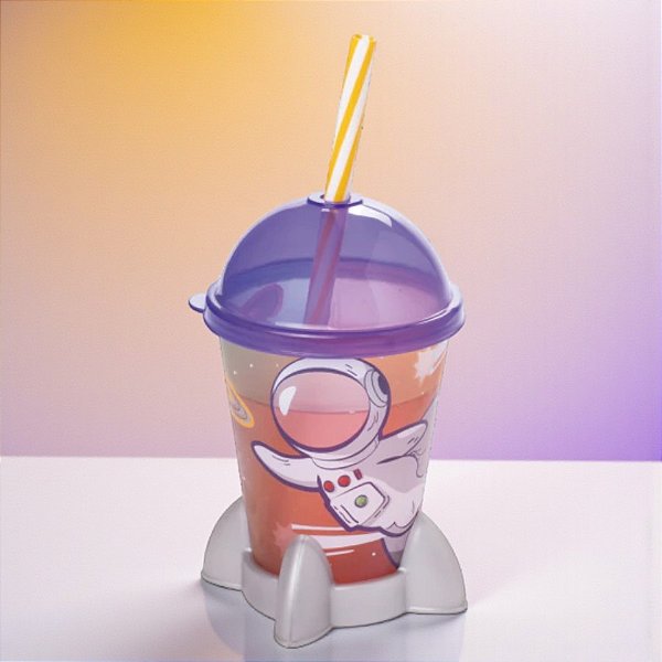 Copo Foguete com Tampa e Canudo - Astronauta Laranja - 280ml - 1 unidade - Plásutil - Rizzo