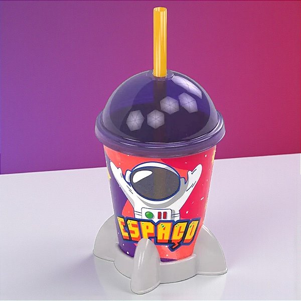 Copo Foguete com Tampa e Canudo - Astronauta e Estrelas - 280ml - 1 unidade - Plasútil - Rizzo